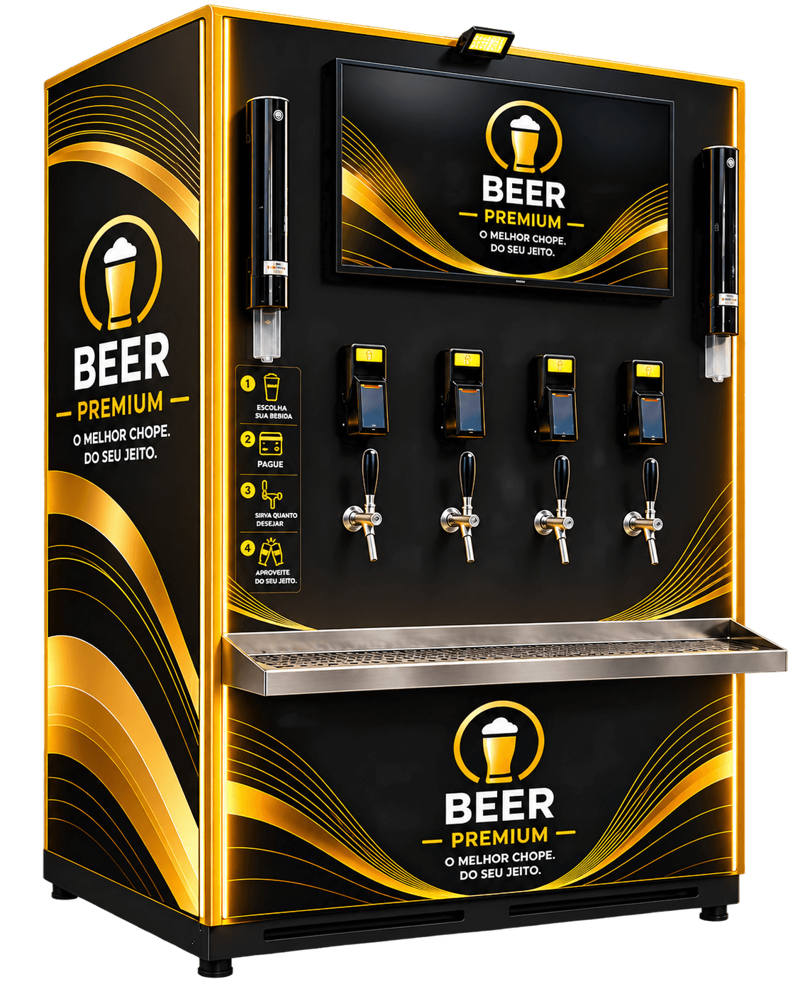 Estação Beer Premium com quatro torneiras, tela e quatro módulos de pagamento
